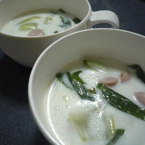 温まる♪青梗菜とソーセージのミルクスープ